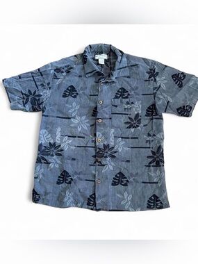 Boca Classics men’s grey silk/cotton Hawaiian shirt summer leaf pattern Sz M